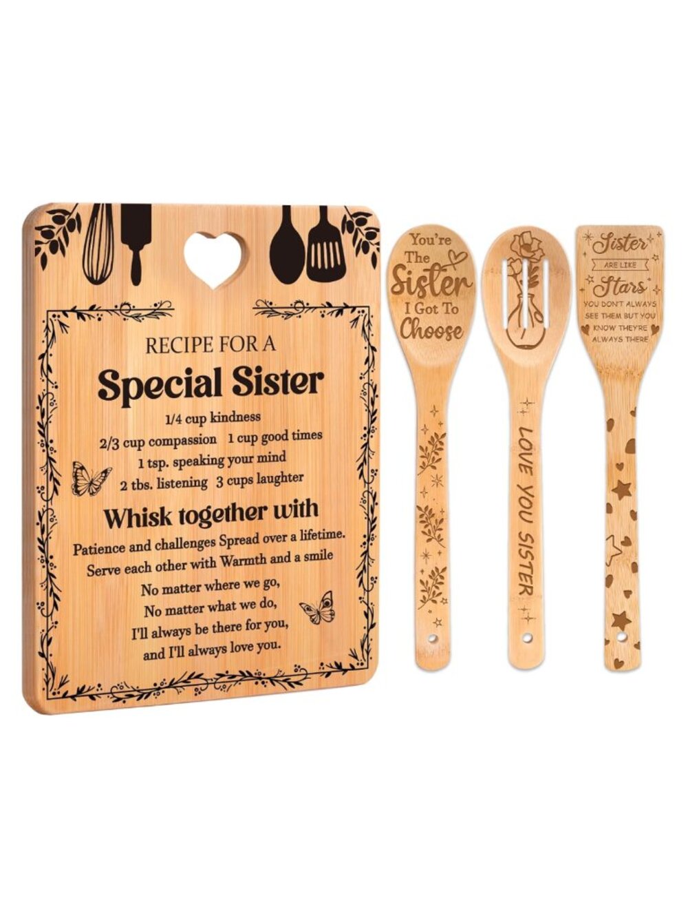 Bamboo Cutting Board Set Engraved Sister Kitchen Gift 4 Pc